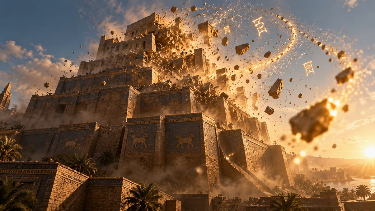 A Torre de Babel se desfazendo, com blocos e letras espalhados pelo céu ao pôr do sol