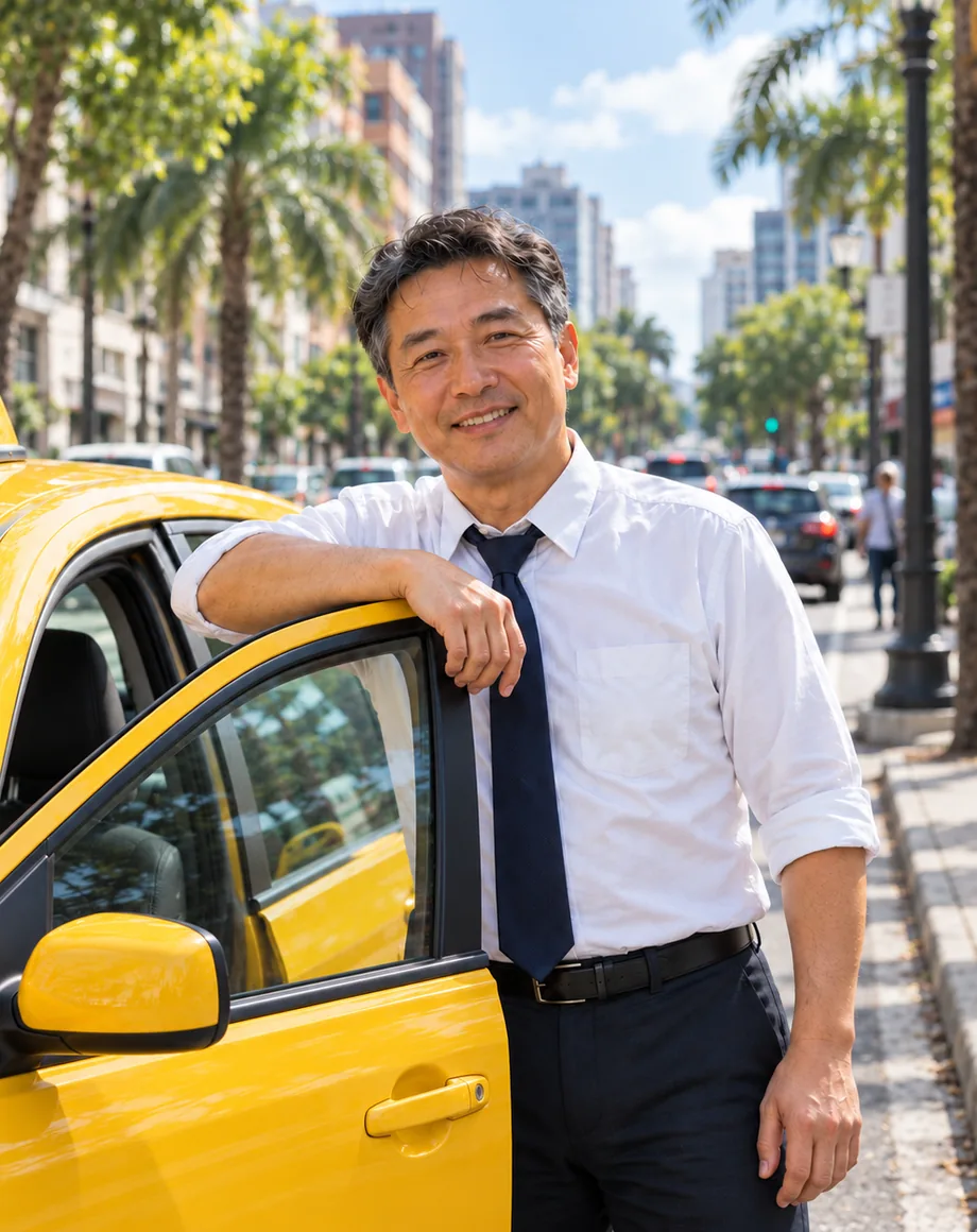 Taxista de camisa social e gravata apoiado na porta do táxi amarelo, sorrindo
